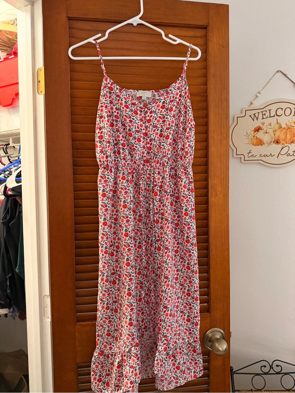 LOFT Red and White Floral Spaghetti-Strap Maxi Dress
